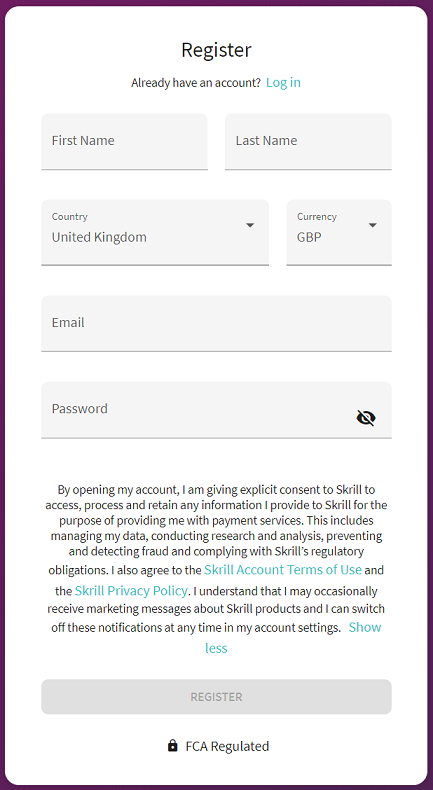 Skrill first registration form