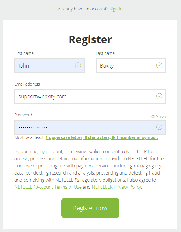 Neteller register form