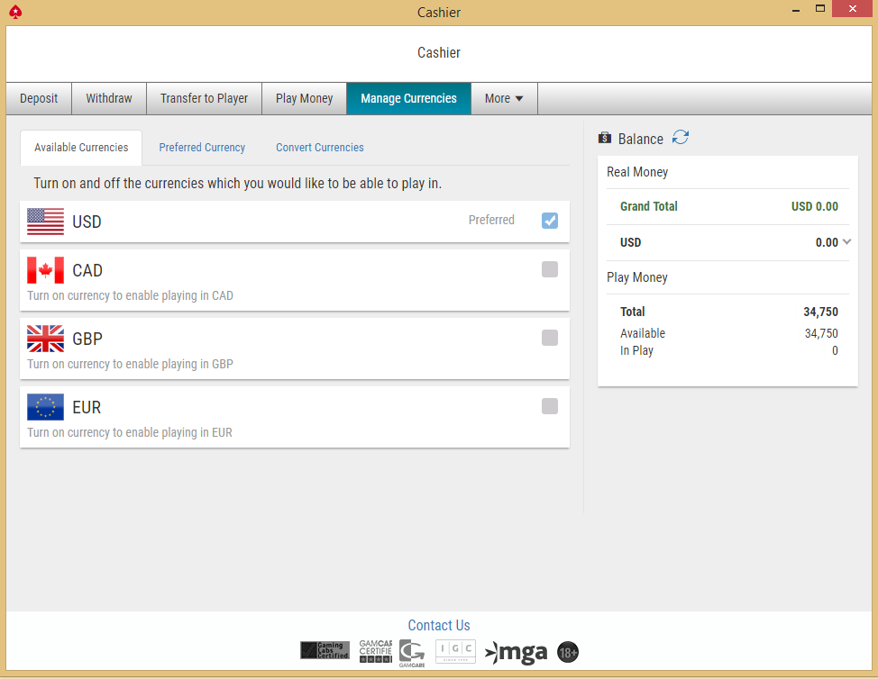 PokerStars available currencies