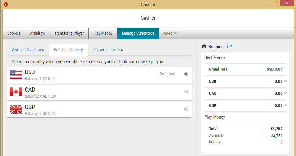PokerStars preferred currency