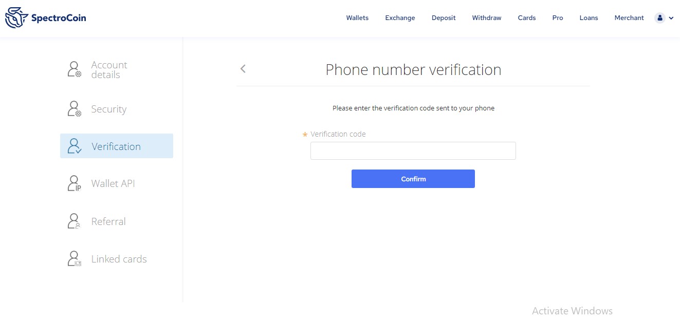 specrtocoin phone number verification 1
