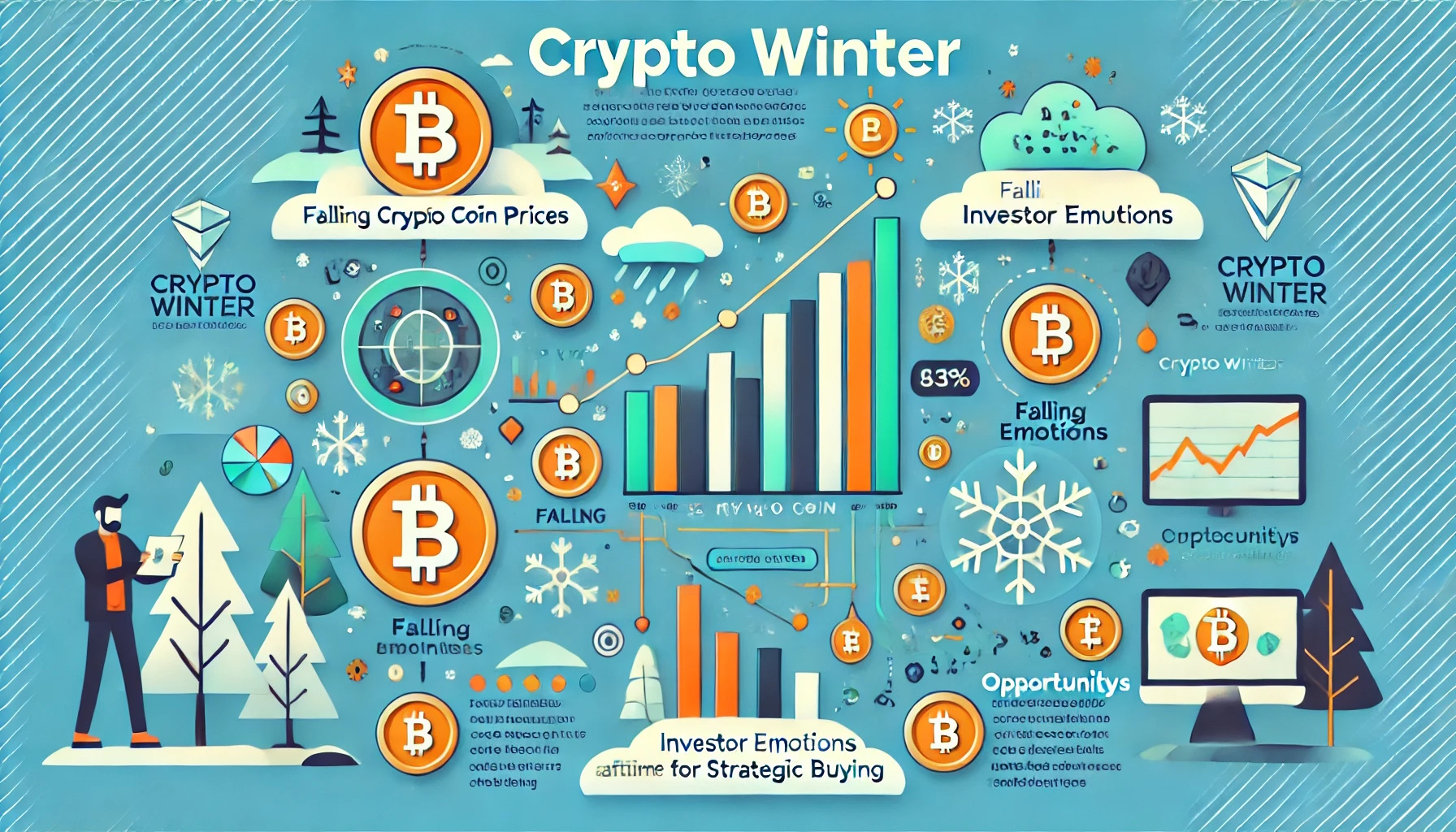 This infographic explains the concept of Crypto Winter, highlighting causes, impacts, and opportunities.