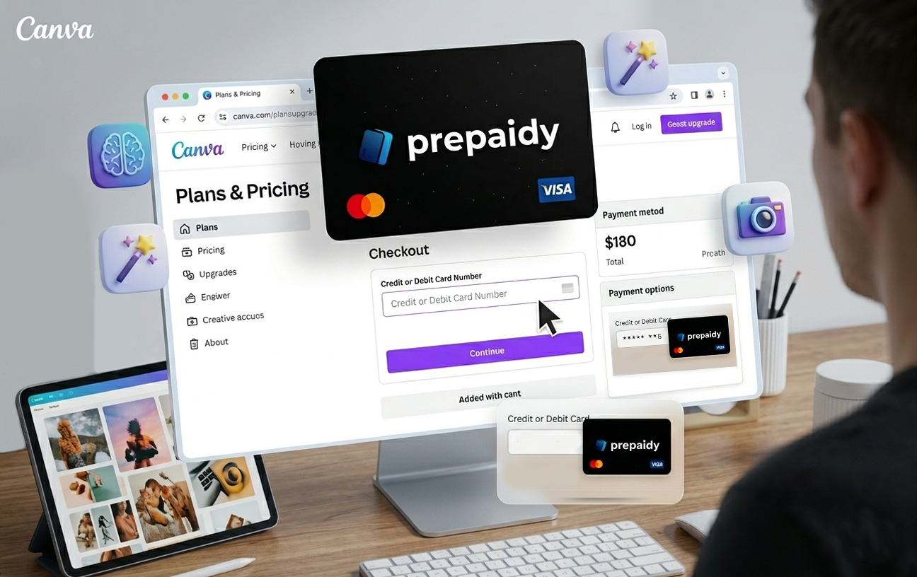 Visualizing a secure Canva Pro upgrade using a Prepaidy virtual card from Baxity Store, featuring a 2026 digital checkout interface and crypto payment options.